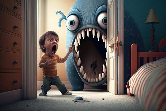 A young boy is yelling at a monster in a bedroom with a bed and dresser fear a storybook illustration pop surrealism
