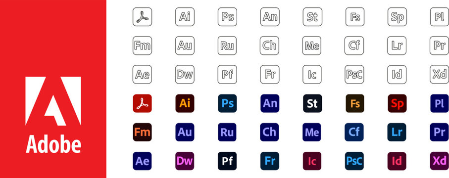 Adobe Products icons. Photoshop. Illustrator. Lightroom. InDesign. Adobe programs logos collection. Vecto