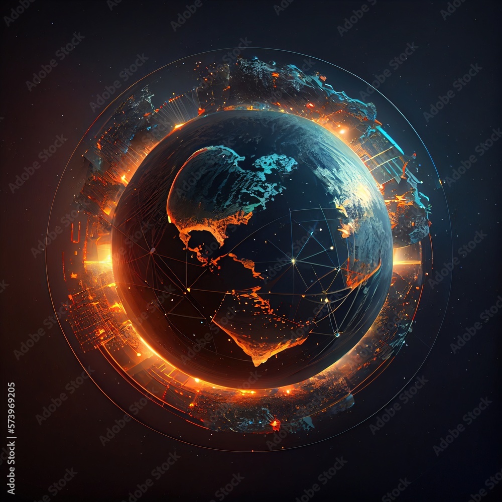 Poster a digital image of a globe with lights around it and a dark background with a blue and orange hue cg