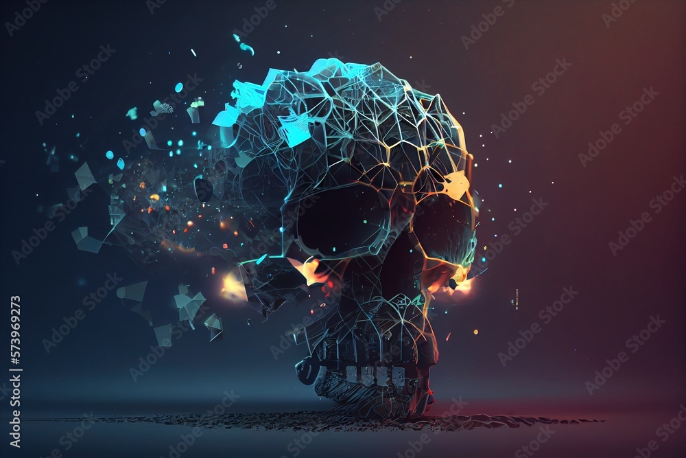 Poster a skull with a broken head and glowing lights in the background with a dark background cinema 4 d a 