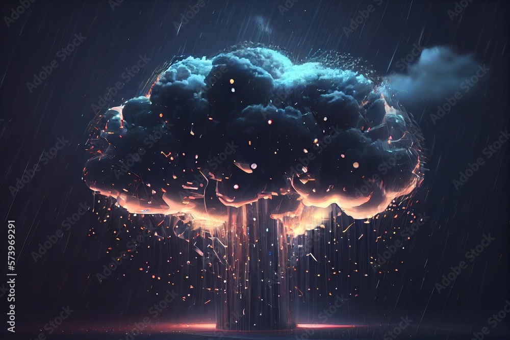 Poster a digital painting of a cloud with rain falling down on it and a building in the background thunders