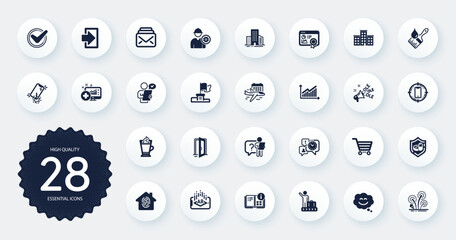 Set of Business icons, such as Search employee, Open door and Graph flat icons. Smartphone broken, Augmented reality, Winner flag web elements. Latte coffee, Market sale, Buildings signs. Vector