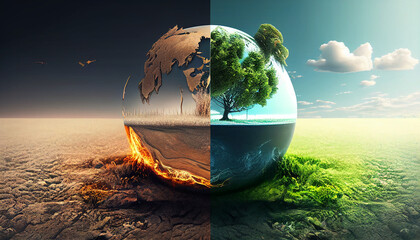 Global Warming VS Climate Change.
Planet earth ,ecology concept, global warming concept, the effect of environment climate change. - obrazy, fototapety, plakaty