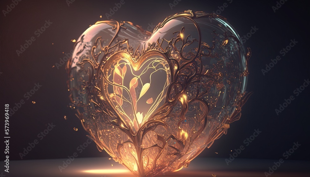 Poster a heart shaped object with a light inside of it on a table with a dark background cgstudio a 3d rend