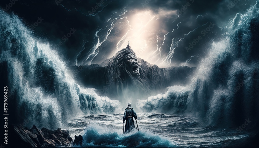 Poster a man standing in the middle of a large wave in the ocean with a giant monster in the background cin