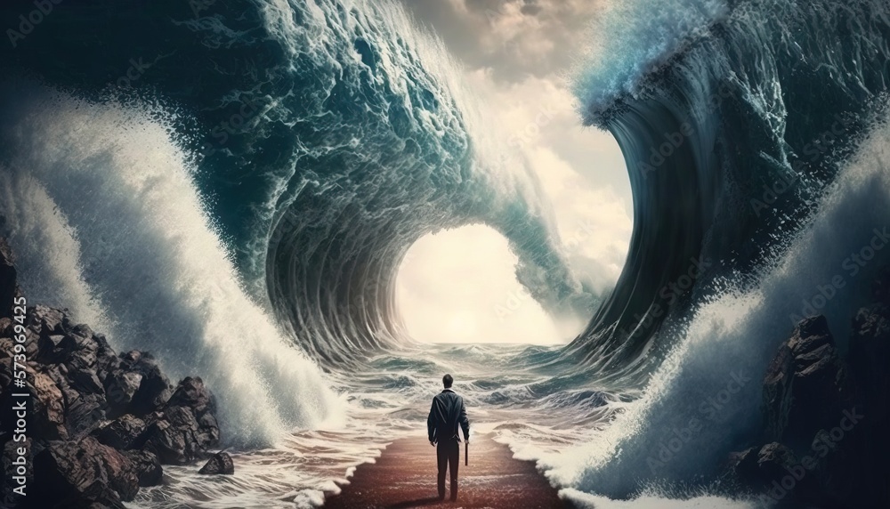 Poster a man standing in front of a giant wave in the ocean with a man standing in the middle of the wave c