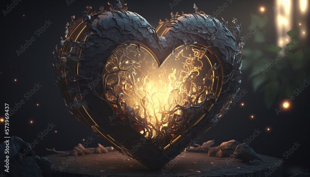 Poster a heart shaped object with a glowing light inside of it on a table with leaves cgstudio a 3d render 
