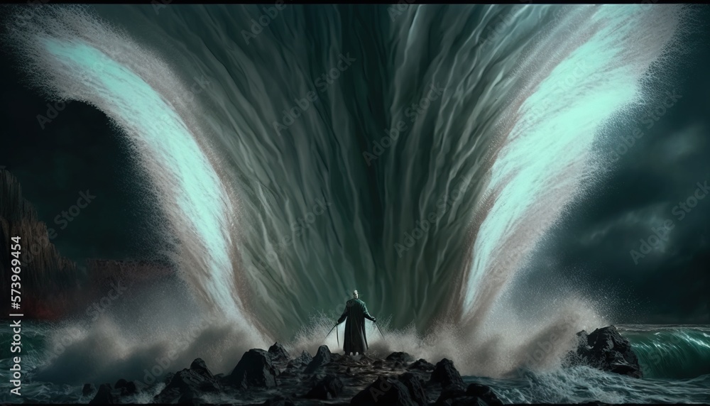 Poster a man standing on a rock in front of a huge wave in the ocean with a giant cloud in the background h