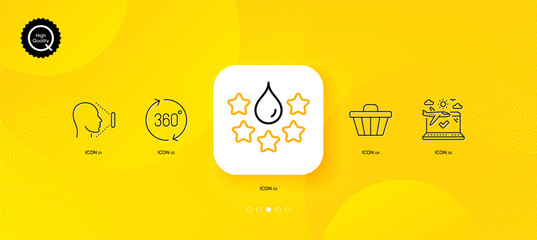 Fototapeta na wymiar 360 degrees, Face id and Shop cart minimal line icons. Yellow abstract background. Quality, Airplane travel icons. For web, application, printing. Vector
