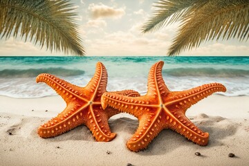 Naklejka na ściany i meble Starfish on summer beach sun day, Generative AI
