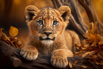 Cute little lion cub. Generative Ai. - obrazy, fototapety, plakaty
