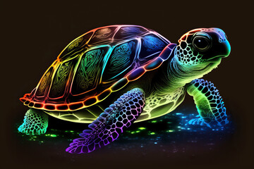 Turtle portrait in neon colors. Generative AI.
