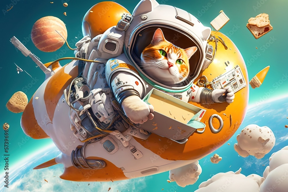 Poster a cat in a space suit floating in the sky with a space shuttle and planets highly detailed digital p