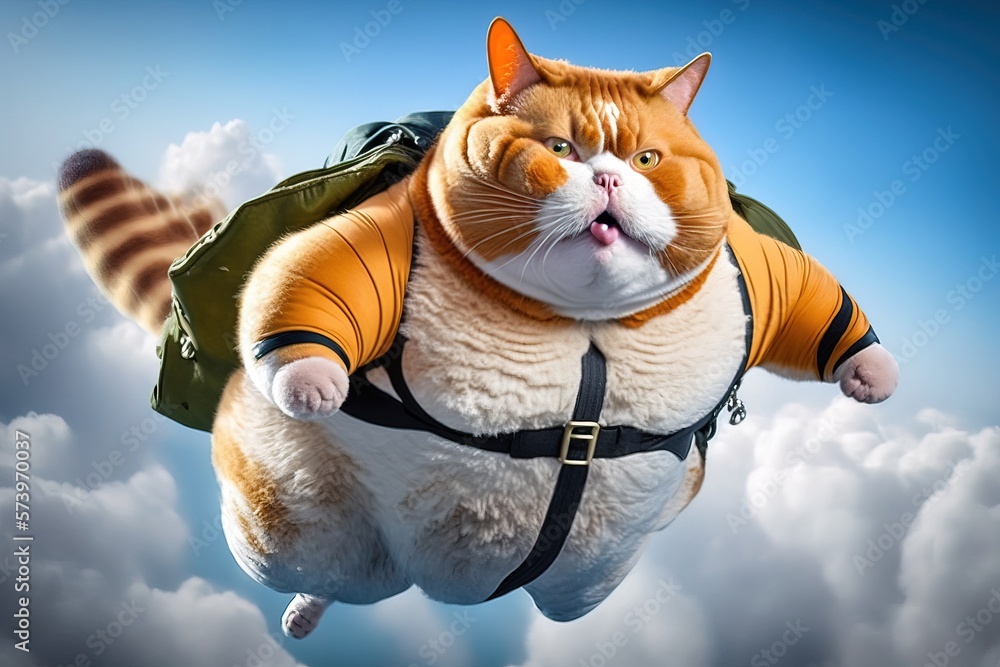 Poster a cat in a backpack is flying through the air with clouds behind it and a sky background weta digita