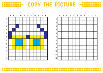 Copy the picture, complete the grid image. Educational worksheets drawing with squares, coloring areas. Preschool activities, children's games. Cartoon vector illustration, pixel art. Cute glasses.
