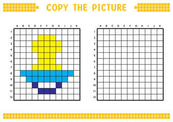 Copy the picture, complete the grid image. Educational worksheets drawing with squares, coloring areas. Preschool activities, children's games. Cartoon vector illustration, pixel art. Baby pacifier.
