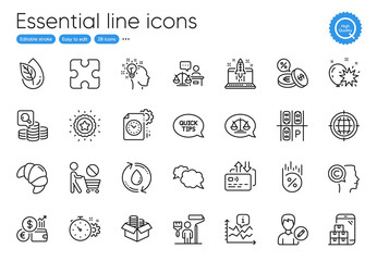 Edit person, Chart and Mobile inventory line icons. Collection of Currency rate, Balloon dart, Puzzle icons. Writer, Stop shopping, Parking place web elements. Money box, Painter, Messenger. Vector