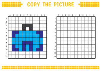 Copy the picture, complete the grid image. Educational worksheets drawing with squares, coloring areas. Preschool activities, children's games. Cartoon vector illustration, pixel art. Blue suitcase.