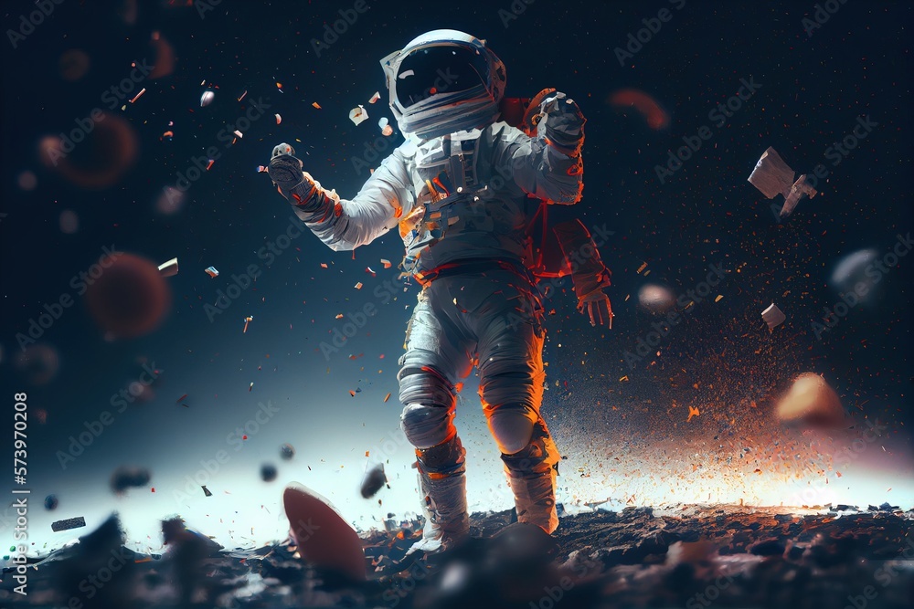 Poster a man in an astronaut suit standing on a rocky surface with a lot of debris redshift render an ambie