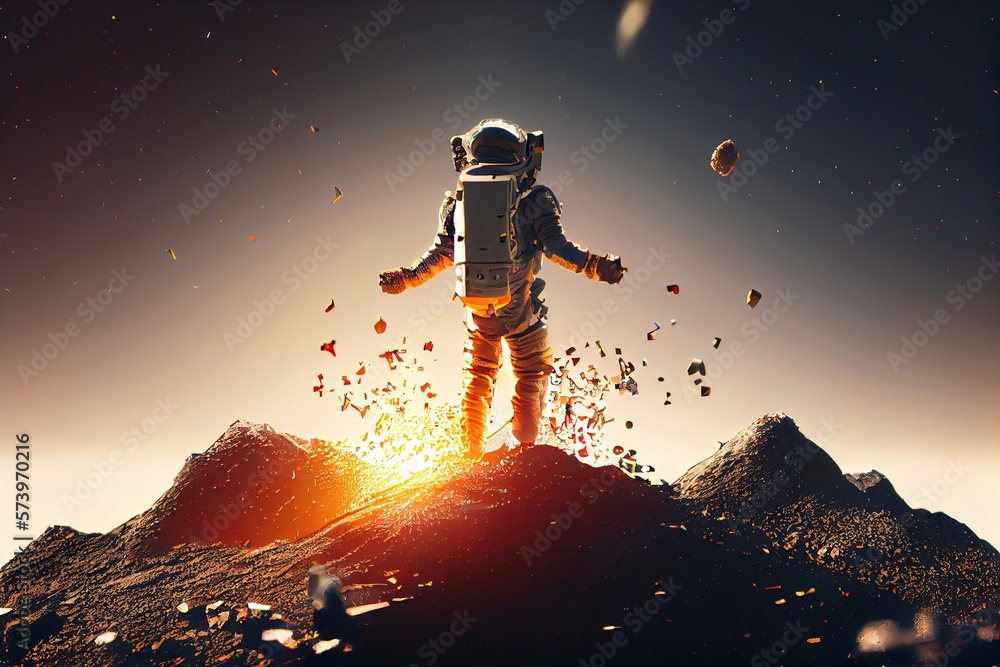 Poster a man in an astronaut suit standing on a mountain top with a sun in the background redshift render a
