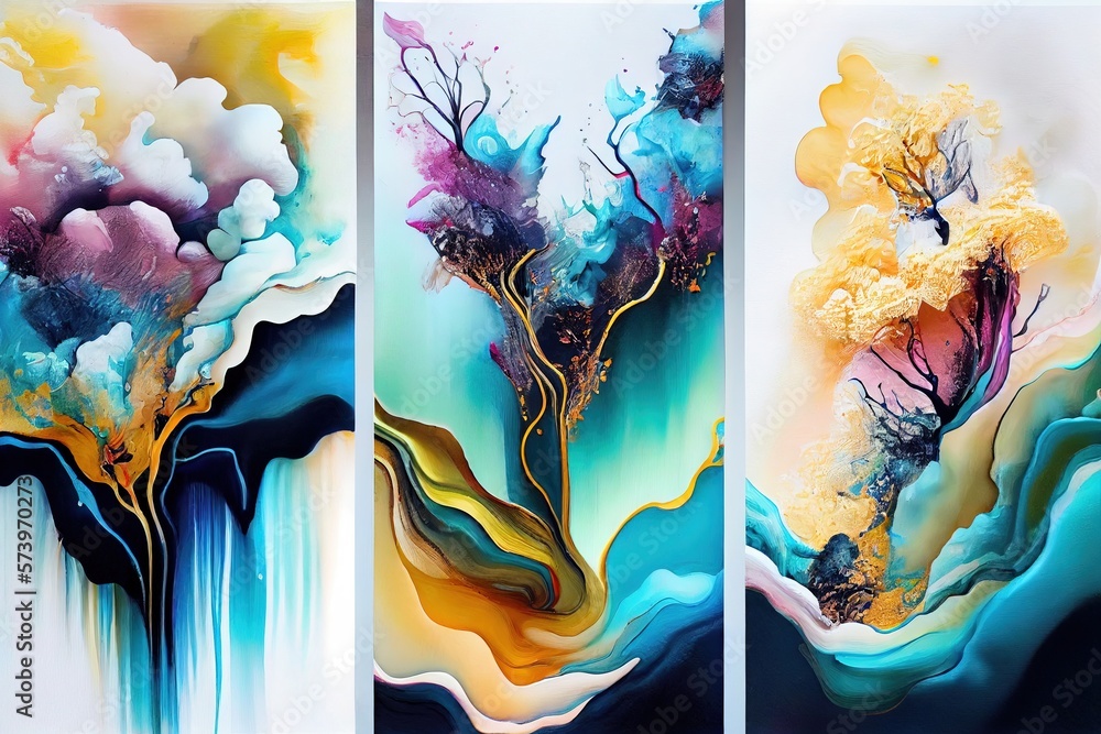 Poster three paintings of different colors and shapes with trees in them and clouds in the sky abstract bru