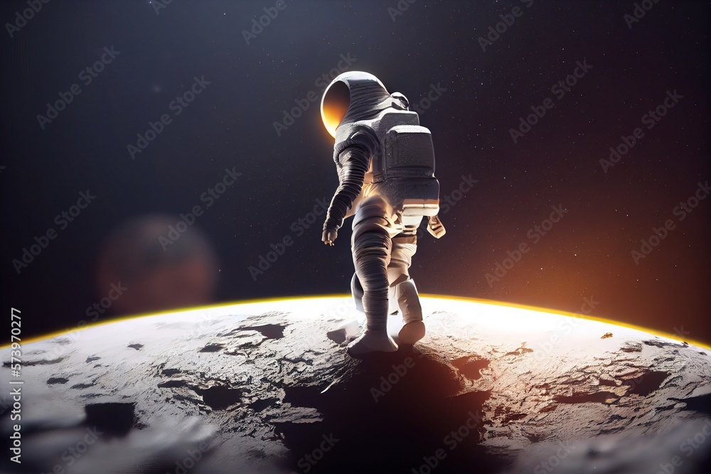 Poster an astronaut standing on the moon in space with a bright light shining on the horizon redshift rende