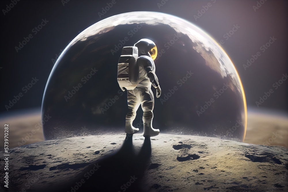 Poster a man in a space suit standing on the moon with a camera in his hand redshift render a detailed matt