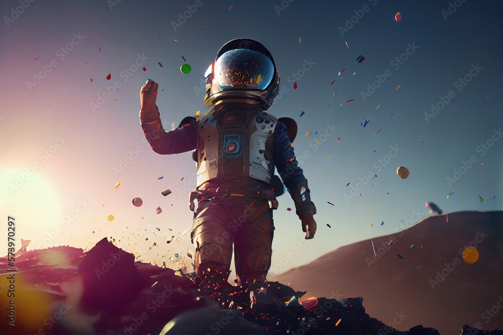 Poster a man in a space suit walking on a rocky surface with confetti all around redshift render a 3d rende