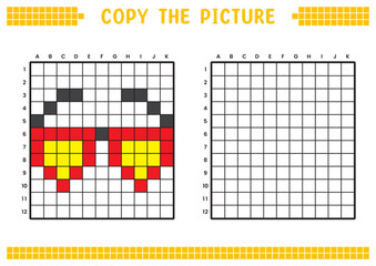 Copy the picture, complete the grid image. Educational worksheets drawing with squares, coloring areas. Preschool activities, children's games. Cartoon vector illustration, pixel art. Love glasses.