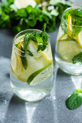 Cold lemonade with mint, lemon and lime in a glass. Preparation of lemonade