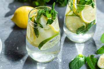 Cold lemonade with mint, lemon and lime in a glass. Preparation of lemonade