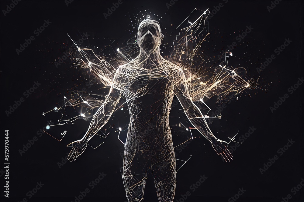Poster a man with his arms outstretched and his body glowing in the dark with lines and dots biopunk comput