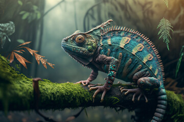 Chameleon on a tree branch. Generative AI.