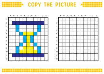 Copy the picture, complete the grid image. Educational worksheets drawing with squares, coloring cell areas. Preschool activities, children's games. Cartoon vector illustration, pixel art. Hourglass.