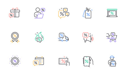 Discounts line icons. Sale Coupon, Online shopping sign, Discount price tag. Wholesale store market, calendar, hot deal line icons. Coupon ticket, megaphone offer, delivery discount. Vector