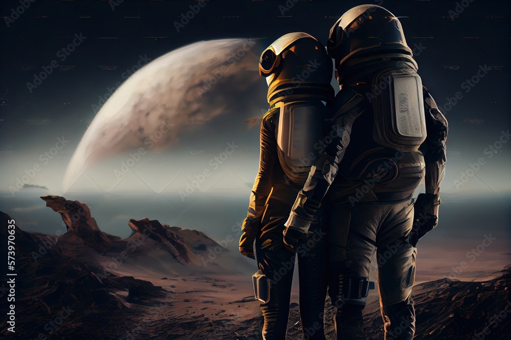 Poster two astronauts standing on a rocky surface in front of a planet with a distant object redshift rende
