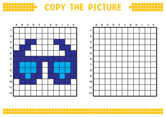 Copy the picture, complete the grid image. Educational worksheets drawing with squares, coloring areas. Preschool activities, children's games. Cartoon vector illustration, pixel art. Blue glasses.