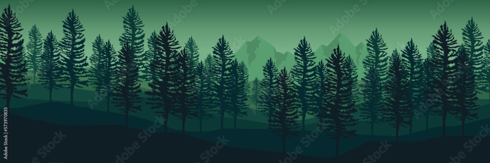 Poster forest mountain silhouette flat design vector illustration good for background, banner, backdrop, tourism design, apps background and wallpaper