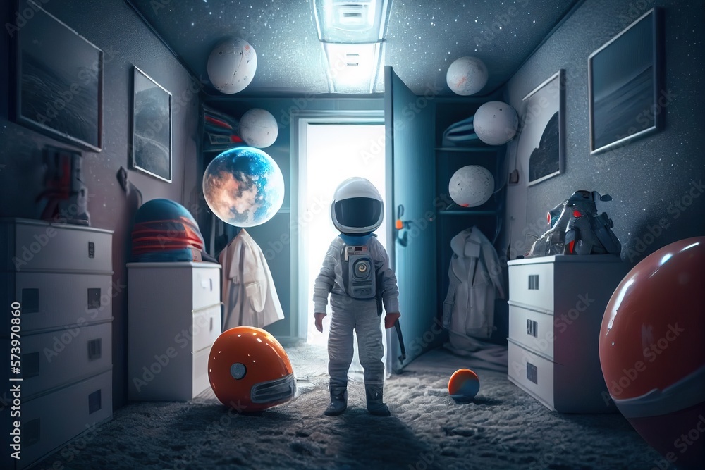 Poster a small child in a space suit standing in a room with a door open to another room space a storybook 