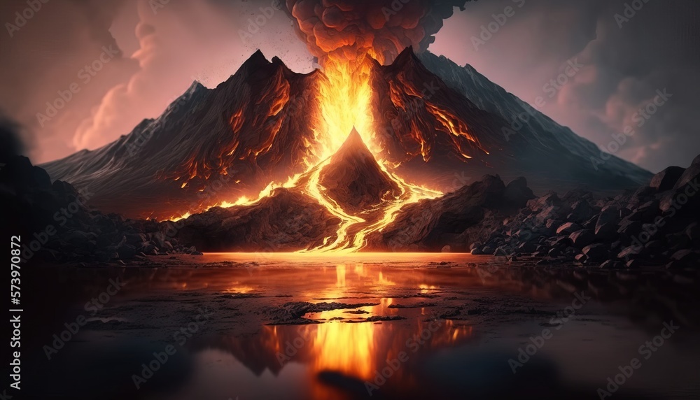 Poster a volcano with lava and lava surrounding it in a dark sky with clouds and water lava a detailed matt