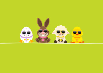 Osterhase & Freunde Mit Küken Sonnenbrille Karte Grün