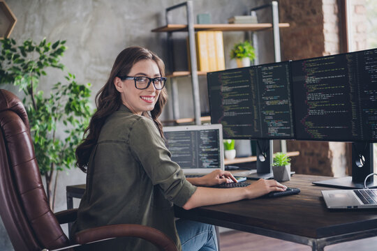 Photo of smiling lady specialist computer sphere working home write site research program server operating system office indoor workstation