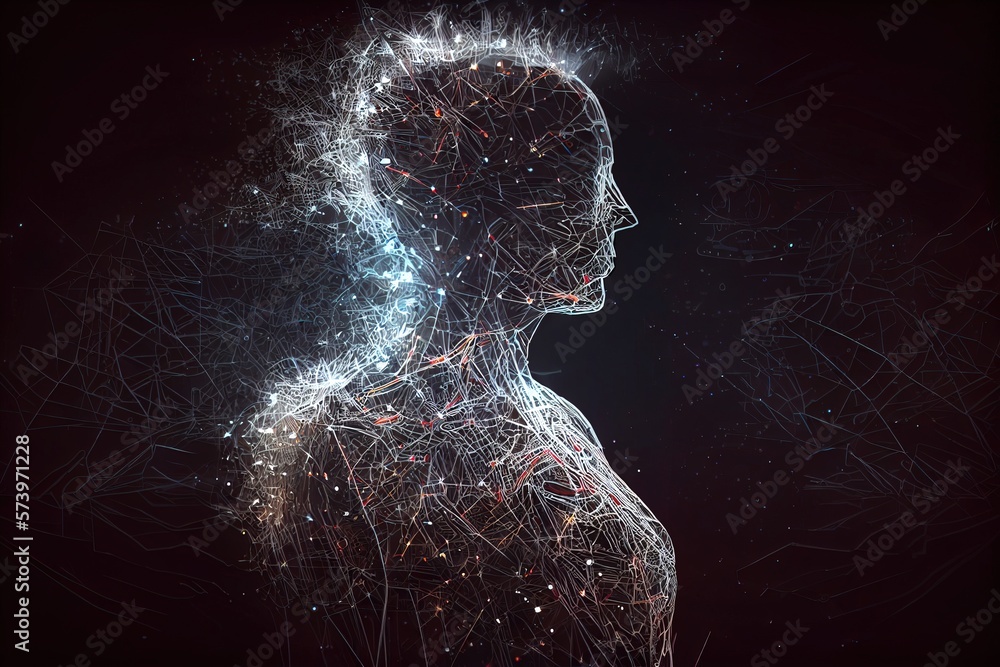 Poster a woman's face is shown with lines and dots in the shape of a woman's head redshift render computer 