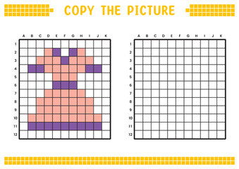 Copy the picture, complete the grid image. Educational worksheets drawing with squares, coloring cell areas. Preschool activities, children's games. Cartoon vector illustration, pixel art. Pink dress.