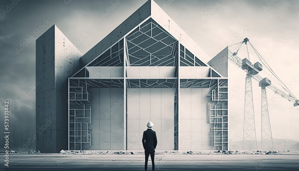 Poster a man standing in front of a building under construction with cranes in the background and a sky fil
