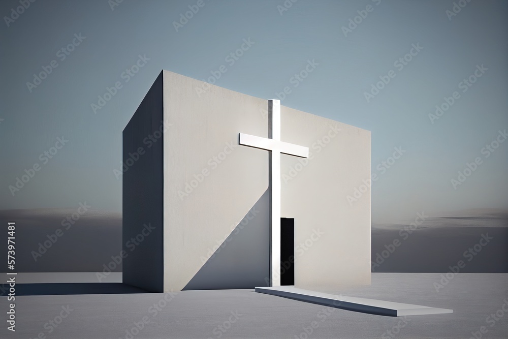 Poster a white building with a cross on the front of it and a sky background behind it minimalist an ambien