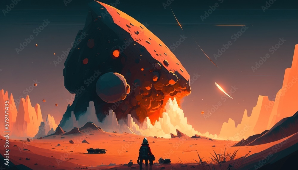 Poster a man standing in front of a giant object in the desert with a sky background sci fi an ultrafine de