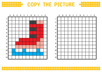 Copy the picture, complete the grid image. Educational worksheets drawing with squares, coloring areas. Preschool activities, children's games. Cartoon vector illustration, pixel art. Skating shoes.