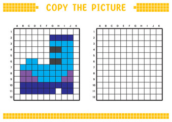 Copy the picture, complete the grid image. Educational worksheets drawing with squares, coloring cell areas. Preschool activities, children's games. Cartoon vector illustration, pixel art. Blue boots.