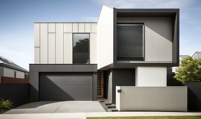 Fototapeta na wymiar a modern house with a white fence and a green lawn. generative ai